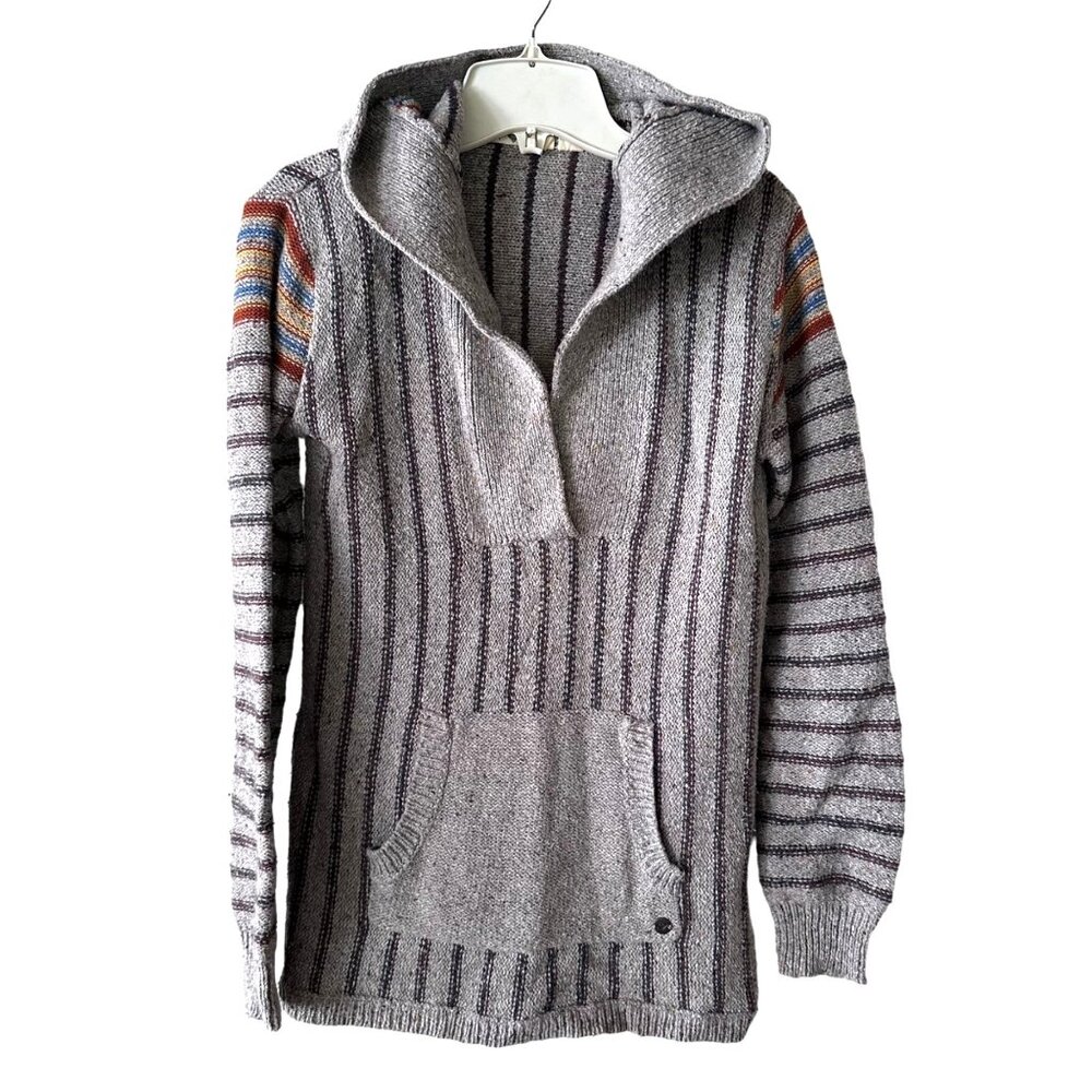 Roxy Hooded Sweater Small Stripe Hoodie Surf Poncho Style Gray Oatmeal Multi